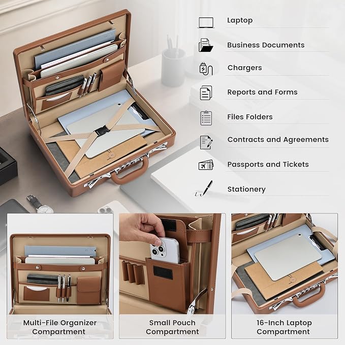 Briefcases for Men, Carrying Case Document Professional Leather Briefcase - Image 2