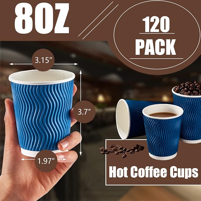 Lamosi 120 Pack 8 oz Disposable Coffee Cups, Insulated Corrugated Paper Cups - Image 2