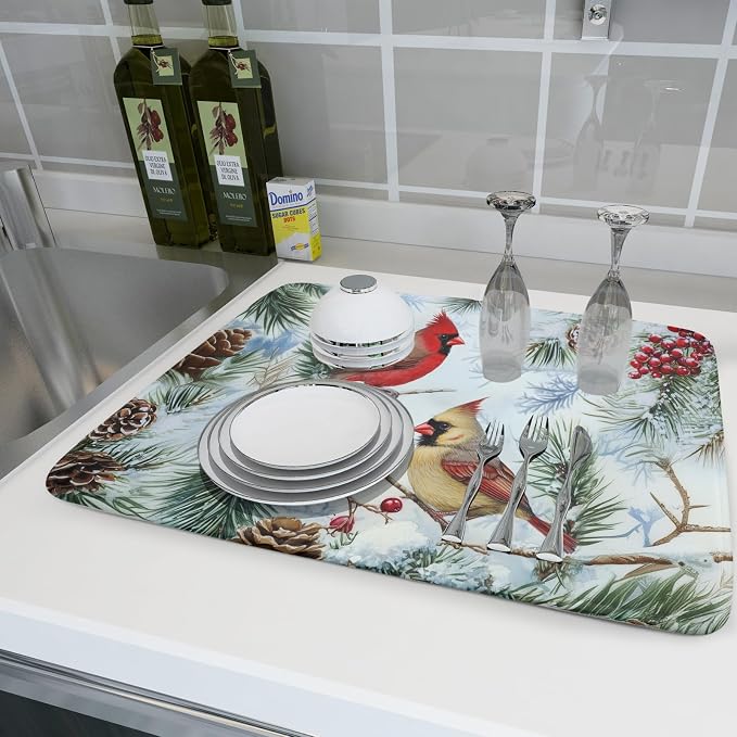 Winter Birds Dish Drying Mats 18x24 Inch, Pine Cone Berries Branch Bird Large - Image 6