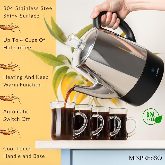 Mixpresso Small Electric Percolator Coffee Pot 4 Cup Stainless Steel - Image 6