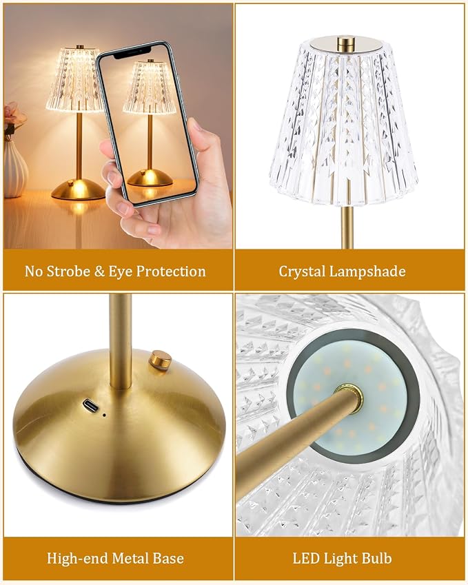 Nusogon 2 Pack Cordless Crystal Table Lamps, Premium Rechargeable Touch Lamps - Image 6