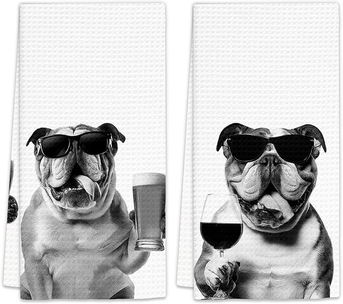 English Bulldog Gifts Wine Kitchen Towels Set of 2, Funny English Bulldog Wine by FIicy
