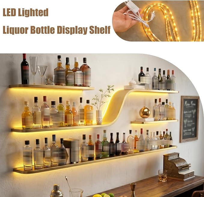 Wall Mounted Wine Rack with LED Lights, Modern Curved Design Floating Bar - Image 7