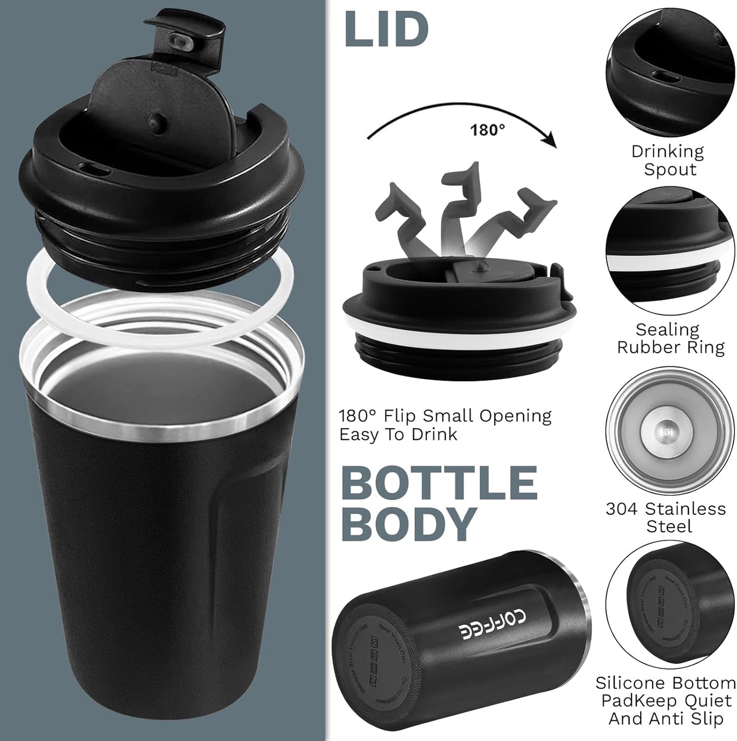 YINBAOGE Insulated Travel Coffee Mug Spill Proof Leak Proof Pobtable To Go Camping Stainless Steel Coffee Tumbler Reusable Coffee Cups with Lids Thermos for Hot and Cold Drink (2nd-Black, 17 OZ)