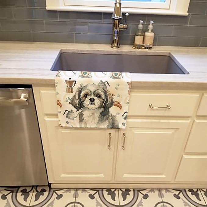 Caroline's Treasures Grey and White Tibetan Spaniel Coffee Bar Kitchen Towel - Image 2