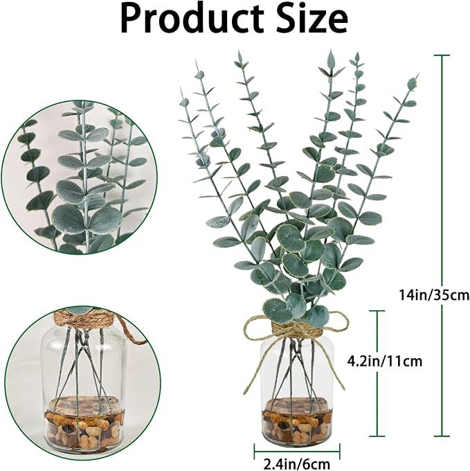 2 Pack Artificial Eucalyptus Stems in Glass Vases, Small Faux Plants - Image 5