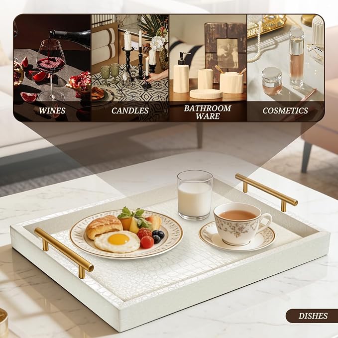 SXNOWS 17"x12" Cream Faux Leather Serving Tray - Image 7