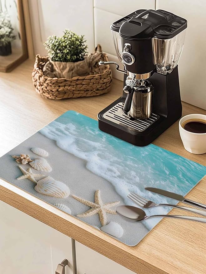Teal Beige Coffee Mat Beach Starfish Seashell Sand Sea Waves Scenery Absorbent by Unknown