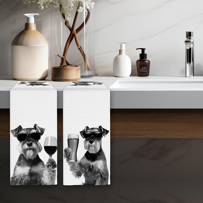 Gifts for Mini Schnauzer Dog Wine Lovers Kitchen Towels Set of 2, Schnauzer - Image 5