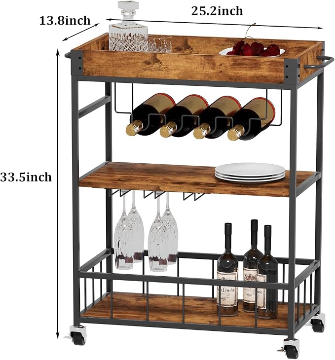 Bar Cart Serving Wine 3 Tier Home Rolling Rack - Image 3