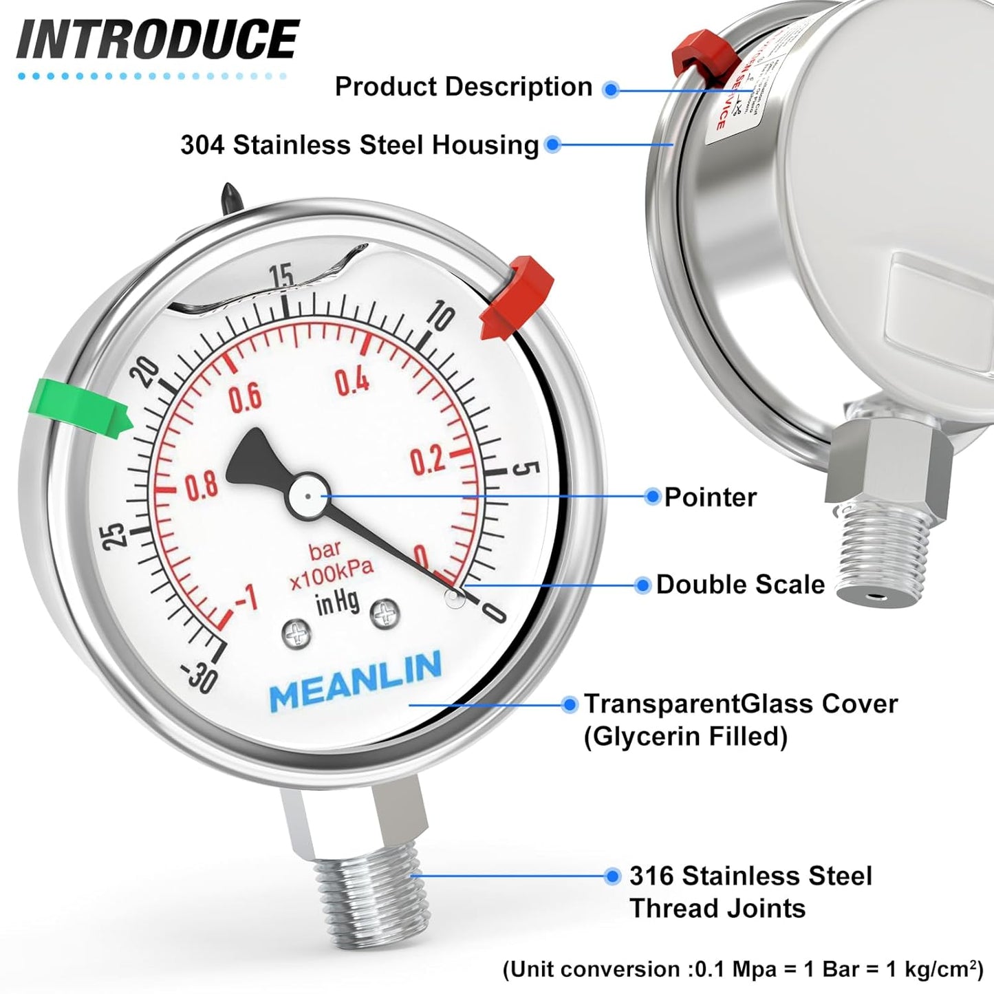 MEANLIN MEASURE -30inHG~0Psi Vacuum Pressure Gauge 316 Stainless Steel Joint 1/4" NPT 2.5" FACE DIAL, Stainless Steel Liquid Filled Pressure Gauge WOG Water Oil Air Lower Mount, 2PCS Snaps