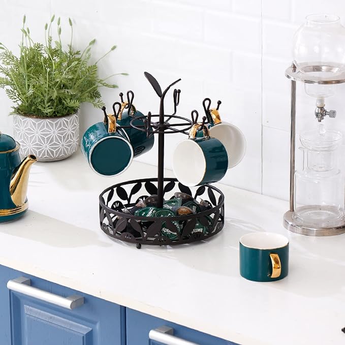 Coffee Mug Holder with Coffee Pod Basket Storage, Rotatable 6-capacity Cup Mug - Image 5