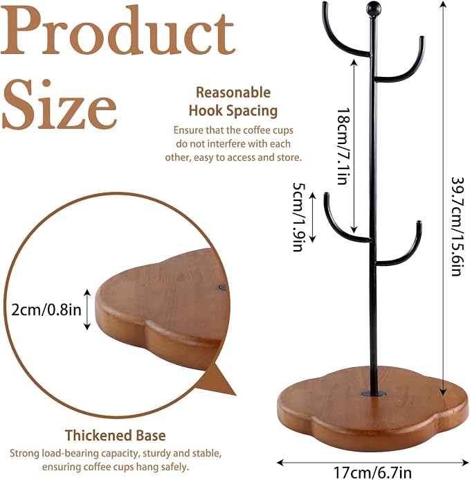 Coffee Mug Holder, Non-Slip 4 Hook Mug Rack, Metal & Wood, Modern & Elegant - Image 2