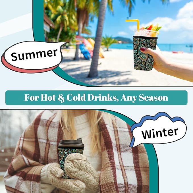 Paisley Floral Iced Coffee Cup Sleeve 3 Pack, Boho Reusable Neoprene Holder - Image 7