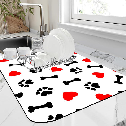 Dish Drying Mat Cute Dog Bone Paw Print Red Heart Kitchen Mat 16"x24" Bsorbent Coffee Maker Mat for Dishes,Utensils Coffee Maker Pots and Pans Easy Clean Dish Slip Resistant Pad