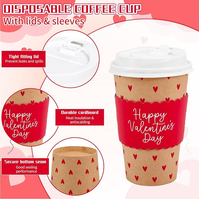 Whaline 50 Pcs 16 Oz Happy Valentine' s Day Disposable Coffee Cups - Image 3