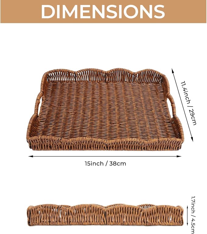 Rectangle Wicker Scalloped Tray, Hand Woven Synthetic Rattan Serving Tray - Image 6
