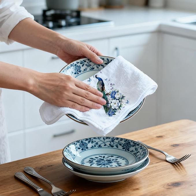 CUTHOLLOW Reacocks and Flowers Decorative Kitchen Towels Set of 4, - Image 6