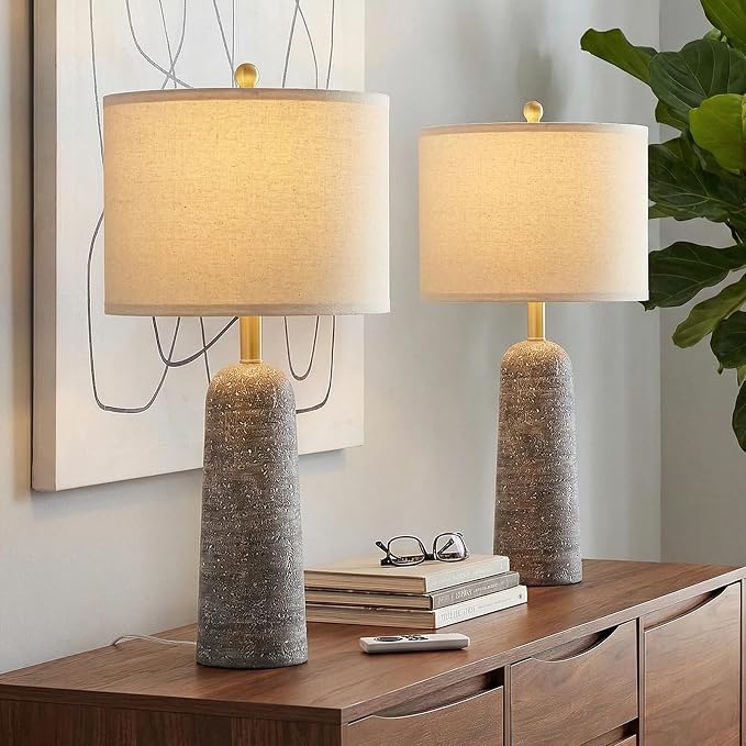 BOBOMOMO 27.25" Modern Table Lamp Set of 2, Light Grey Resin Table Lamps - Image 3
