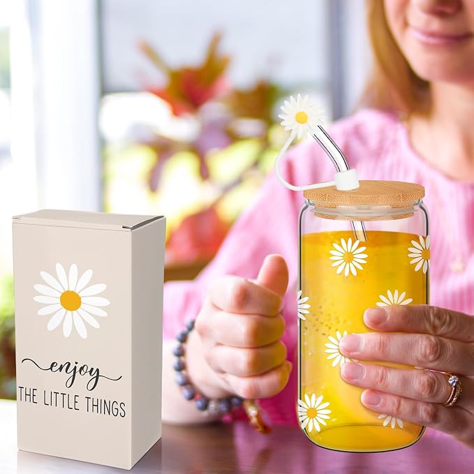 Reallnaive Daisy Gifts for Women 16 oz Flower Aesthetic Iced Coffee Cup Glass - Image 5