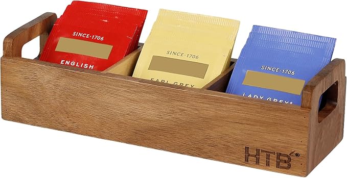 HTB Small Tea Bag Box Wooden, 3 Compartments Acacia Wood Tea Bag Chest by HTB