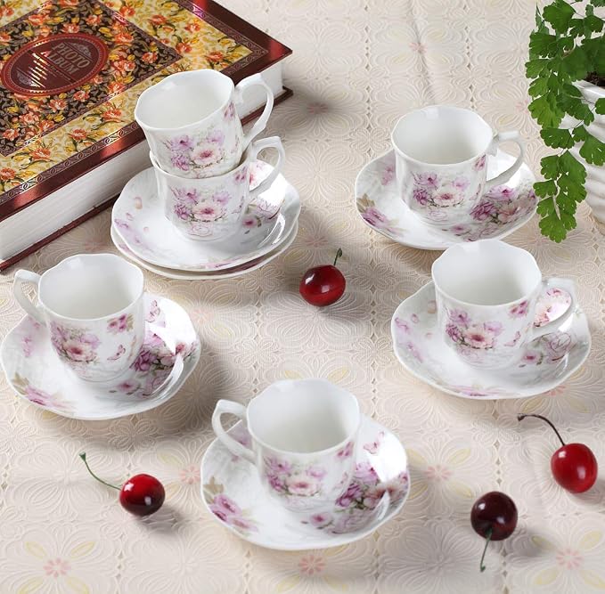 GuangYang 2.5 oz Porcelain Espresso Cups and Saucers Set – Floral Design - Image 7