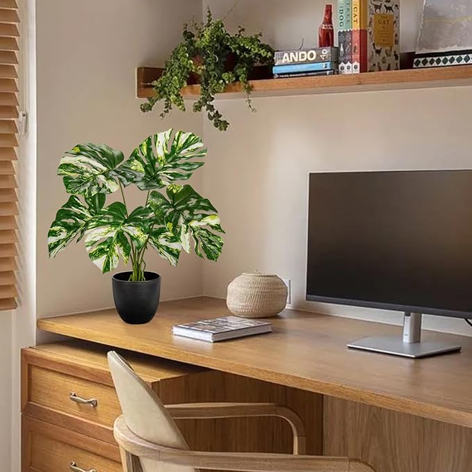 Briful Fake Plants Variegated Monstera Leaves Faux Plant Indoor in Black Pot - Image 6