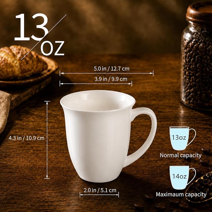 Fine Bone China Coffee Mugs Set of 4, 13 Oz White Tea Cups - Image 2