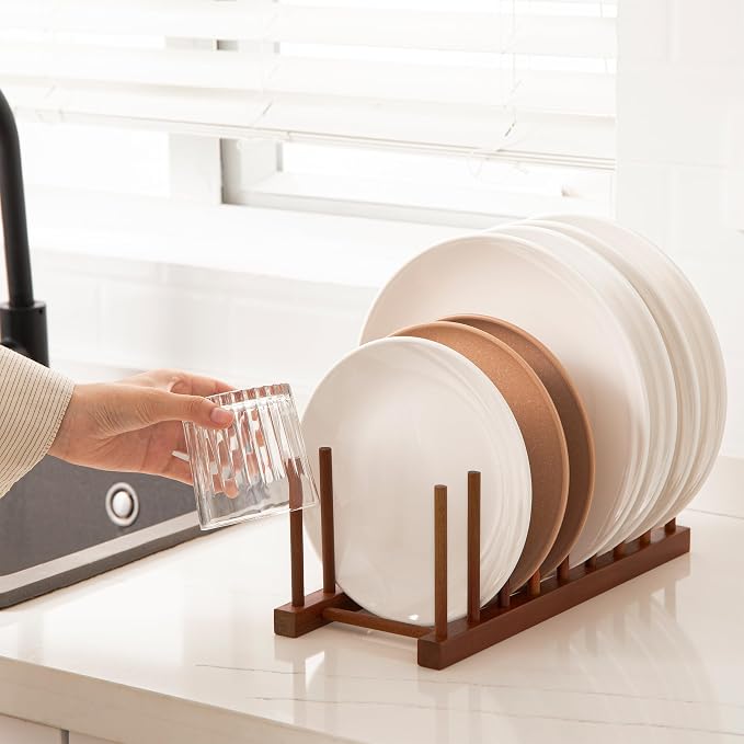 HBlife 4pcs Teak Dish Drying Rack Plates Holder Stand Kitchen Storage Cabinet - Image 6