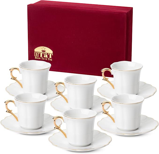 BTaT- Turkish Coffee Cup Set, 3 oz, 6 Set, Elegant White Cups & Saucers by BrewToATea