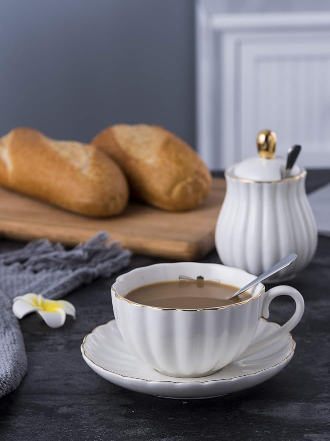 Jusalpha Serve for 6- Fine China White Coffee Cup/Teacup Set, 8 OZ Cups& Saucer - Image 4