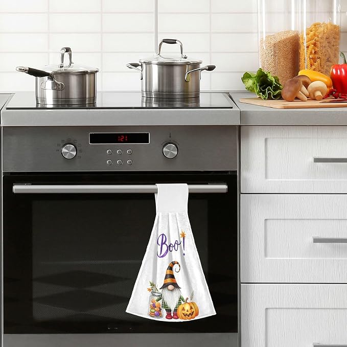 Halloween Gnomes BOO Kitchen Hanging Towel 12 x 17 Inch Pumpkin Maple Leaves - Image 2
