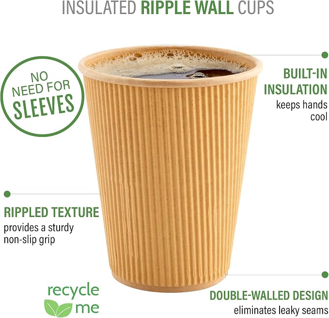 Restaurantware Ripple Wall Coffee Cups 25 Count 8 Ounce Insulated Kraft Paper - Image 4