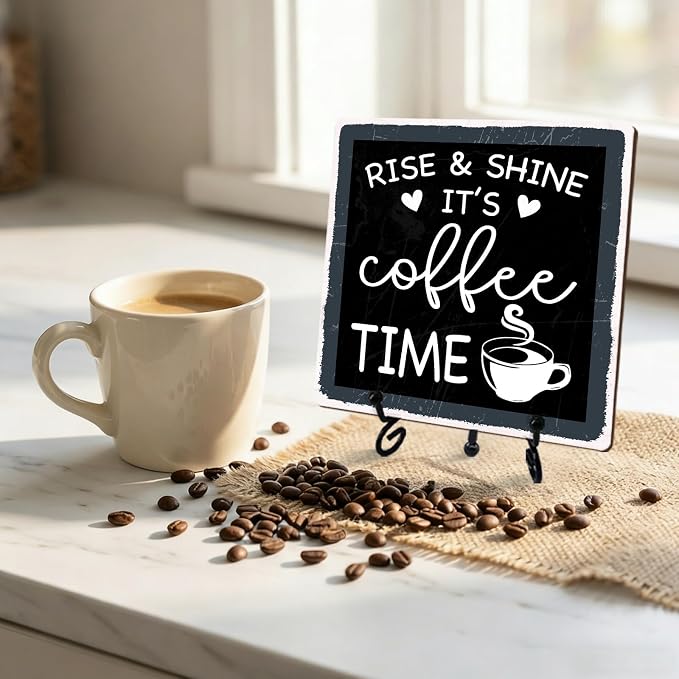 Funny Coffee Bar Decor, Rise & Shine It's Coffee Time Wood Plaque - Image 5