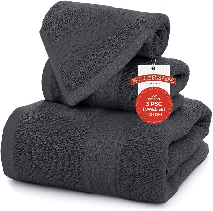 RIVERSIDE 3-Piece Towel Set, 1 Bath Towel, 1 Hand Towel, 1 Washcloth, 550 GSM by RIVERSIDE