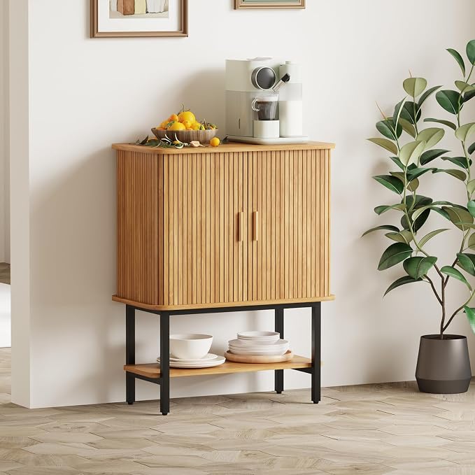 Wine Cabinet with Storage, Liquor Cabinet with Sliding Doors & Open Wine Rack - Image 6