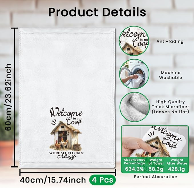 CUTHOLLOW Farm Rooster Decorative Kitchen Towels Set of 4, 15.74"x23.62" Soft & - Image 2