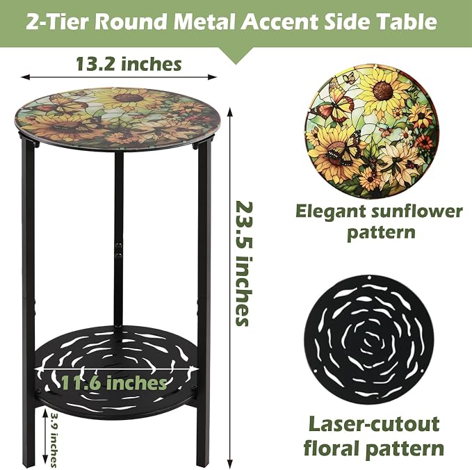 2-Tier Metal Round Side Table Black Accent Coffee Tables Small Space Corner - Image 3