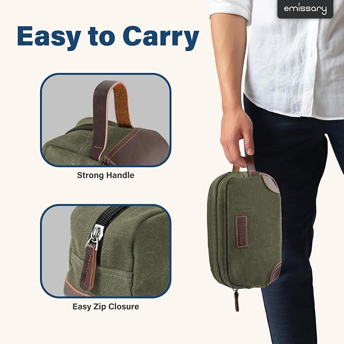 emissary Men's Canvas Travel Toiletry Bag, Leather Dopp Kit - Image 3