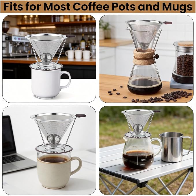 Vikuces®800 Mesh Reusable Pour Over Coffee Dripper, Metal Stainless Steel - Image 2