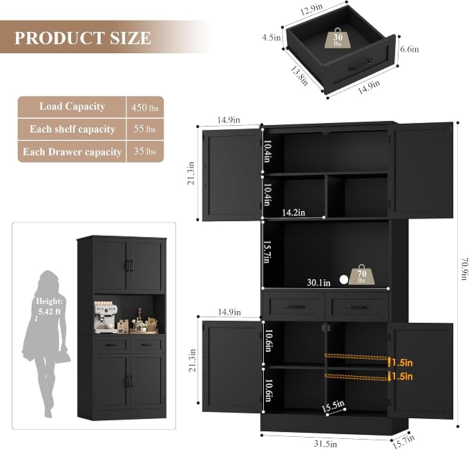 HOSTACK 71“ Tall Kitchen Pantry Storage Cabinet, Modern Kitchen Hutch Bar - Image 3