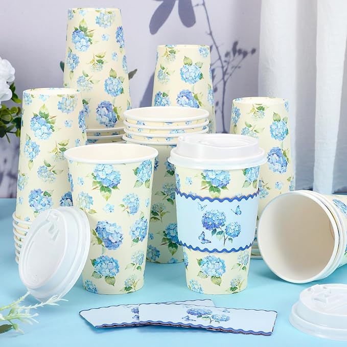 Whaline 50 Pcs 16 Oz Hydrangea Flower Paper Coffee Cups - Image 4