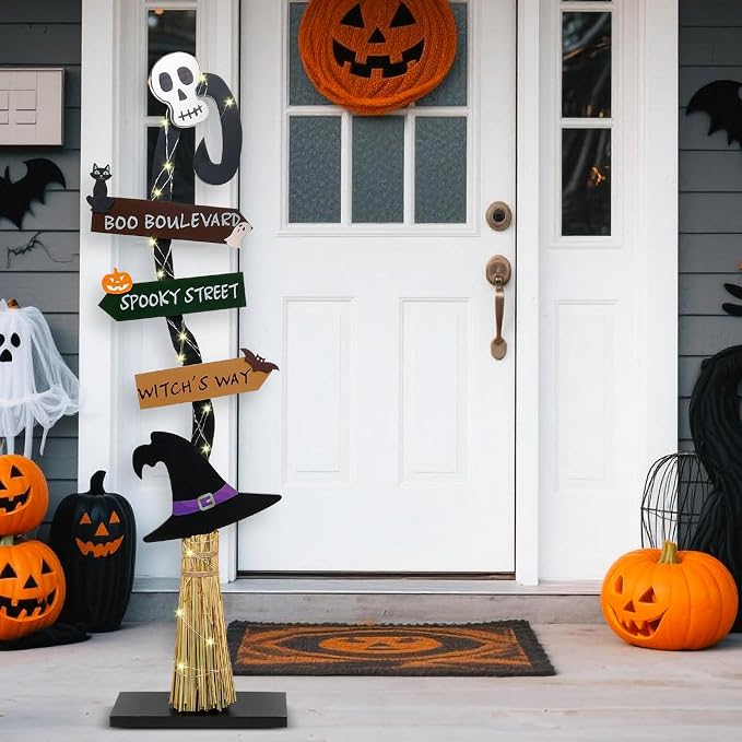 Halloween Decorations |Lighted Witch's Broom Halloween Wooden Porch Sign | by Unknown