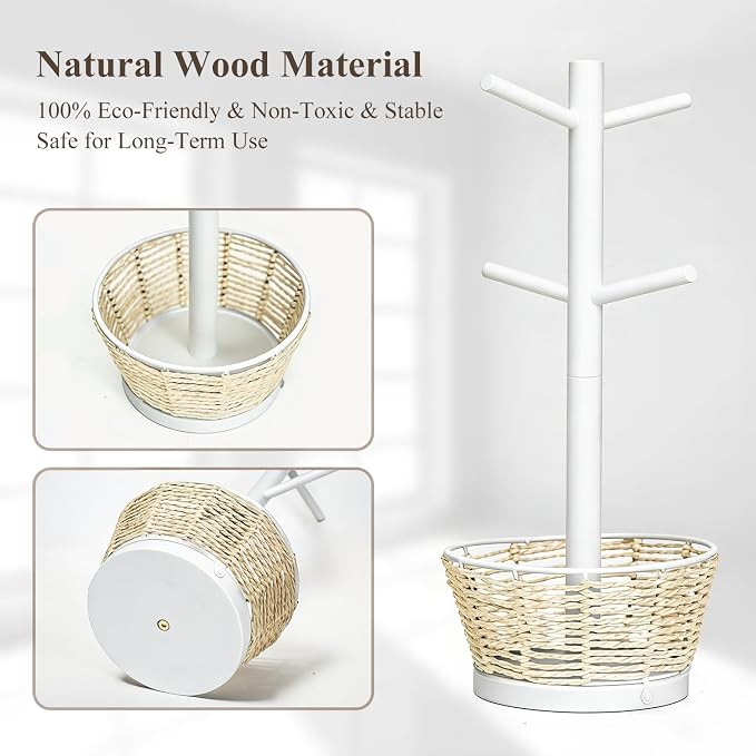 Wood Mug Holder Tree with Woven Basket, 4 Hooks Coffee Mug Holder, Countertop - Image 5