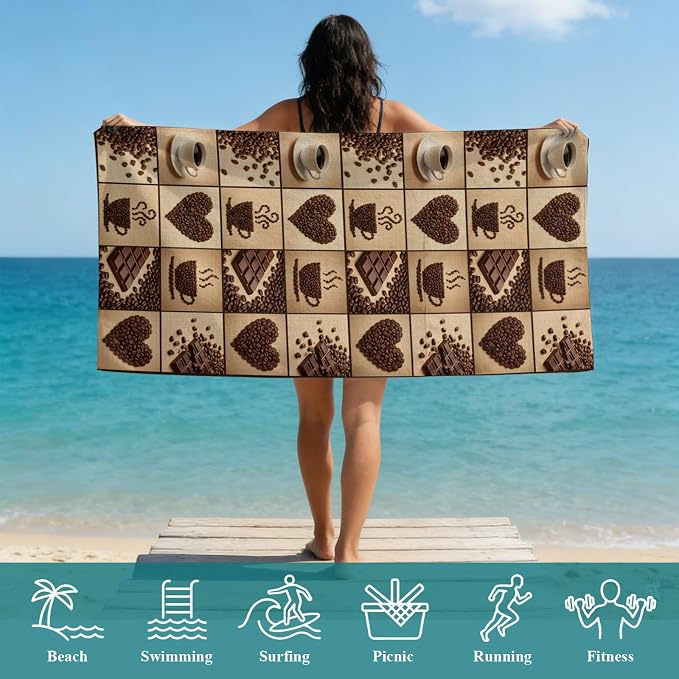 2-in-1 Beach Towel Backpack 31"x63", Heart Shape Coffee Beans Microfiber Bath - Image 8