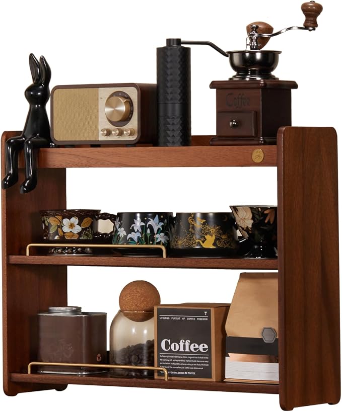 Wooden Cup Holder Walnut 3 Tier Shelf Organizer | Coffee Station Organizer by KAOTGOT