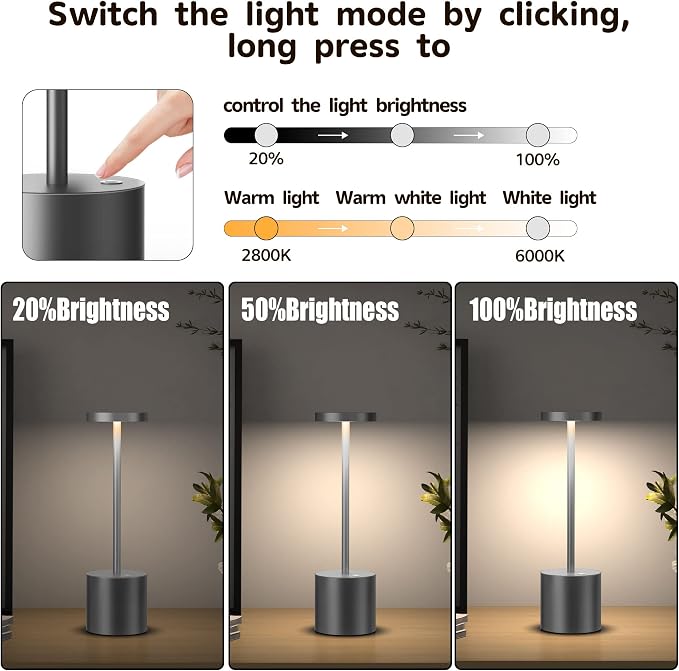 2Pack Cordless Table Lamp, Rechargeable LED Battery 5000mAh Metal USB Portable - Image 2