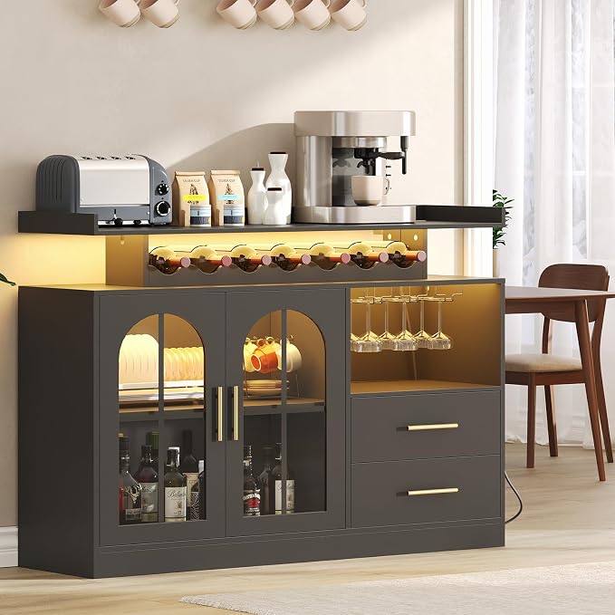 Wine Bar Cabinet with LED Lights & Charging, Modern Liquor Cabinets with 2 - Image 2