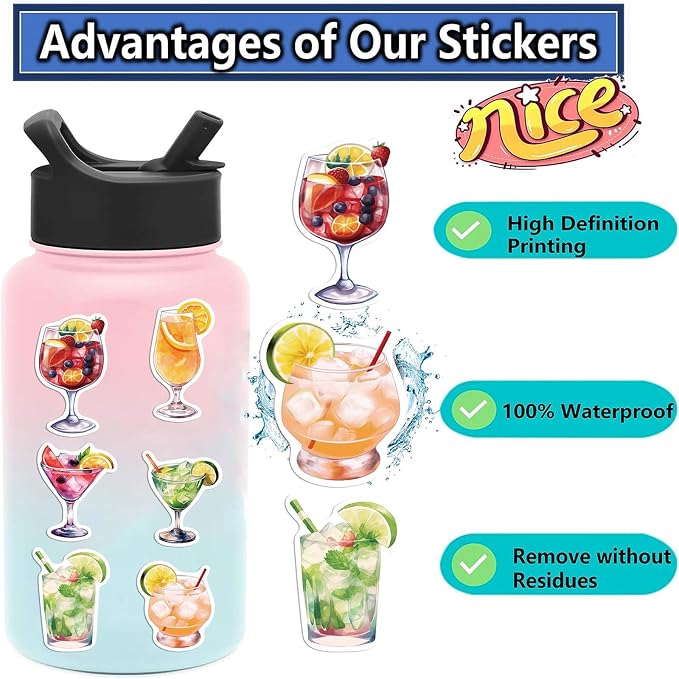 50 Packs Cocktails Stickers Water Bottles Laptop Phone Computer Guitar - Image 4