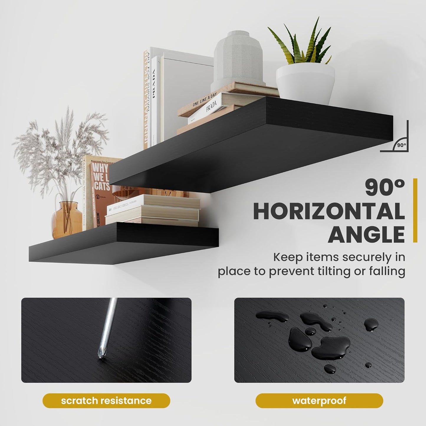 40 Inch Floating Shelves, 9.3" Deep Floating Shelf Wall Mounted, 40" Wall Shelves, Rustic Deep Bookshelf, Large Display Shelves & Storage Shelves for Bedroom, Living Room, Black, Set of 2